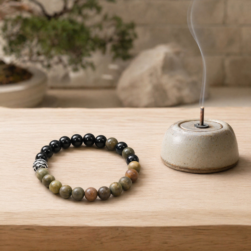 Black Obsidian & Green Sandalwood Bracelet | Protection & Grounding